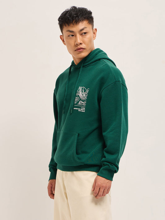 Green Relaxed Fit Hoodie with Topographic Graphic Print
