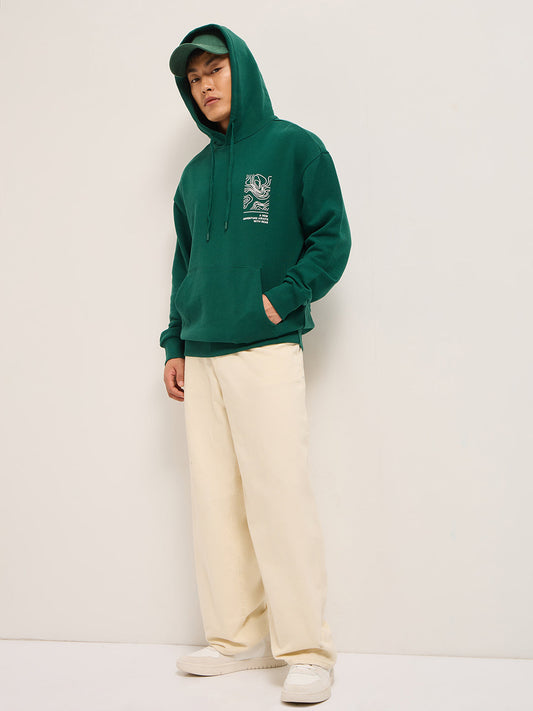 Green Relaxed Fit Hoodie with Topographic Graphic Print