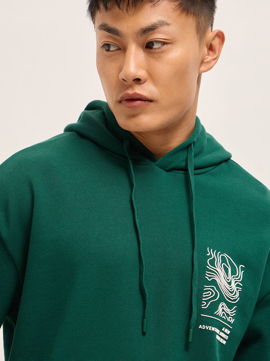 Green Relaxed Fit Hoodie with Topographic Graphic Print