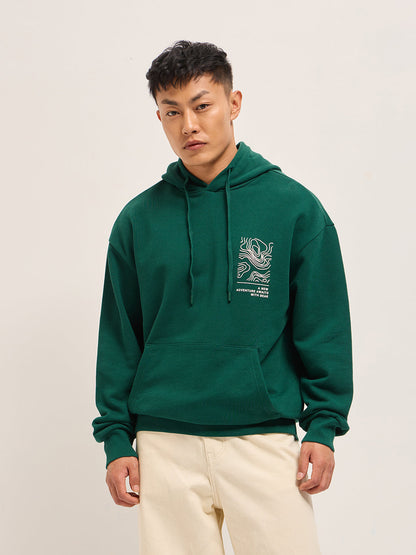 Green Relaxed Fit Hoodie with Topographic Graphic Print