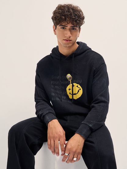 Black Relaxed Fit Hoodie with 3D Smiley and Embossed Text Design