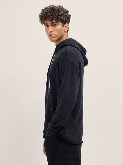 Black Relaxed Fit Hoodie with 3D Smiley and Embossed Text Design