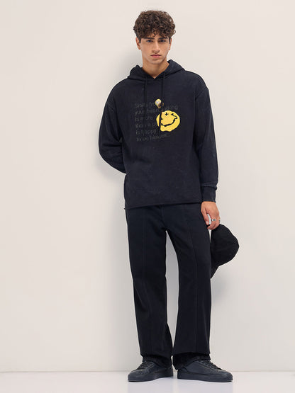Black Relaxed Fit Hoodie with 3D Smiley and Embossed Text Design