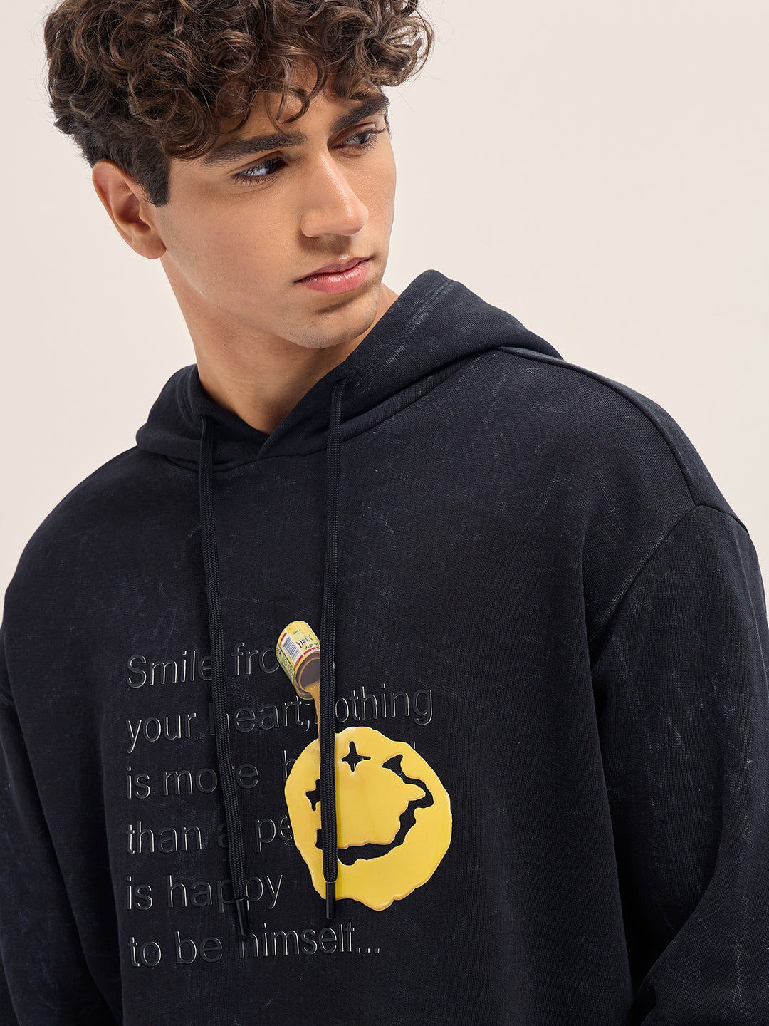 Black Relaxed Fit Hoodie with 3D Smiley and Embossed Text Design