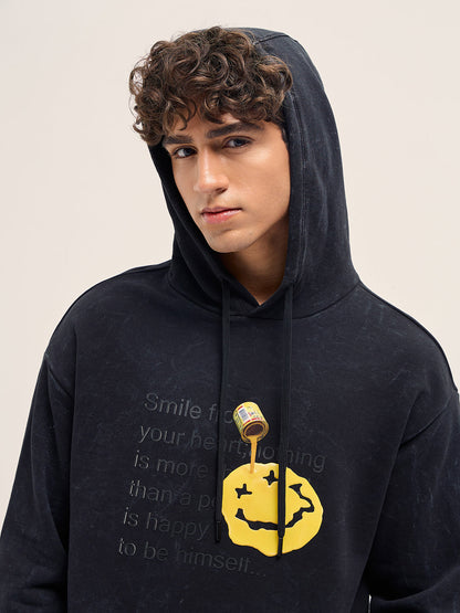 Black Relaxed Fit Hoodie with 3D Smiley and Embossed Text Design