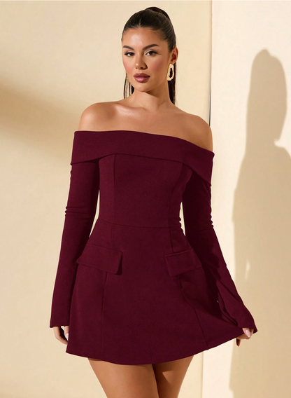 Burgundy Off Shoulder Dress With Long Sleeve De Novoo