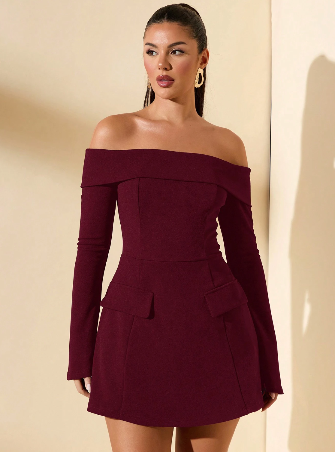 Burgundy Off Shoulder Dress With Long Sleeve De Novoo
