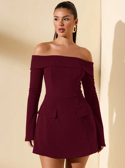 Burgundy Off Shoulder Dress With Long Sleeve De Novoo