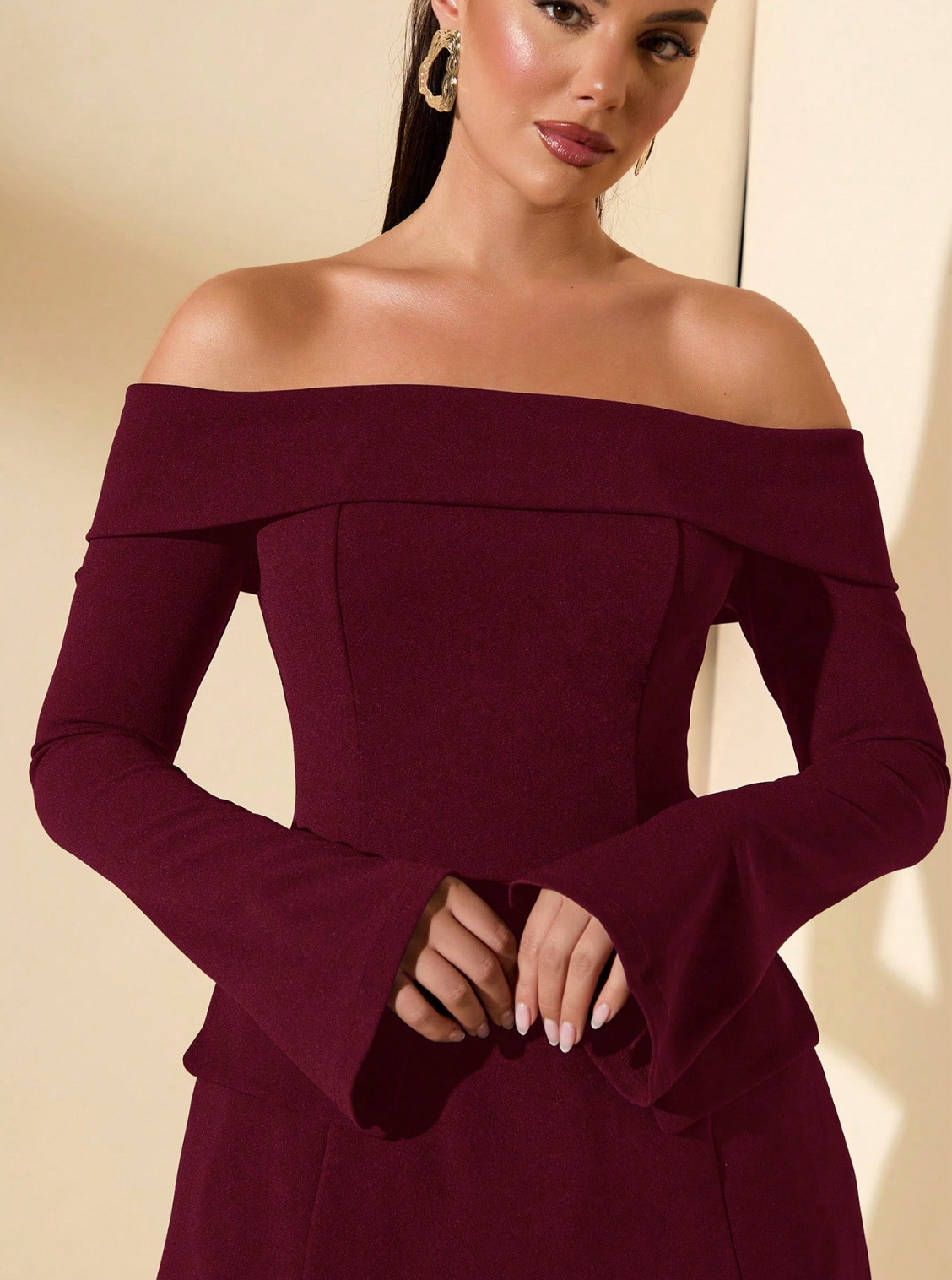 Burgundy Off Shoulder Dress With Long Sleeve De Novoo