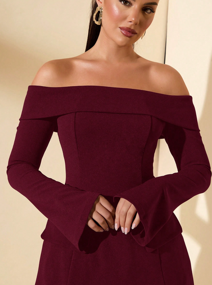 Burgundy Off Shoulder Dress With Long Sleeve De Novoo