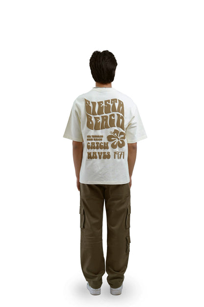 Siesta Beach Printed Oversized Beige T-Shirt Main Character
