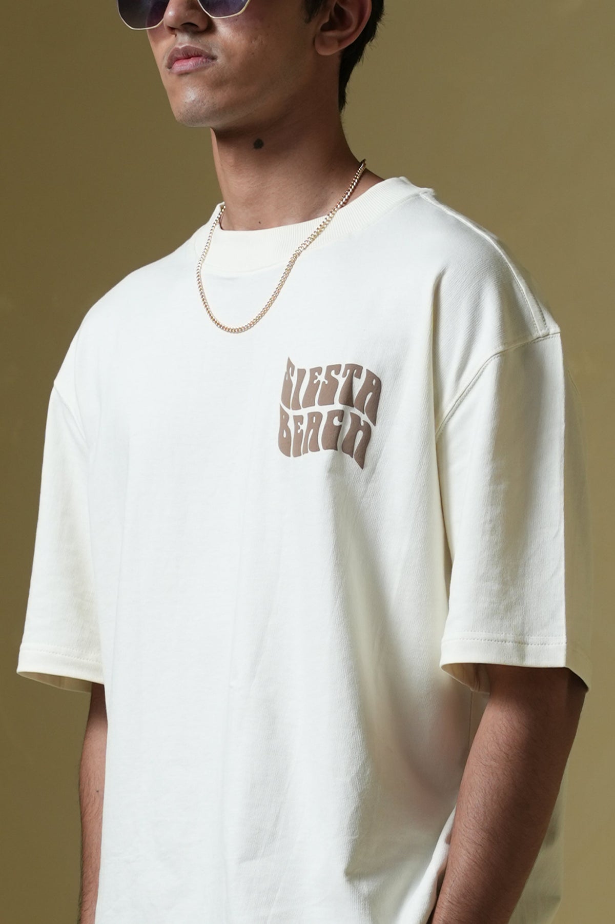 Siesta Beach Printed Oversized Beige T-Shirt Main Character