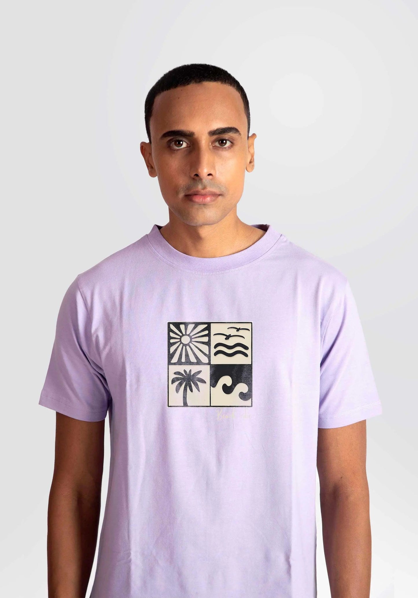 Stylera lavender t-shirt for men featuring a graphic design with sun palm tree and waves