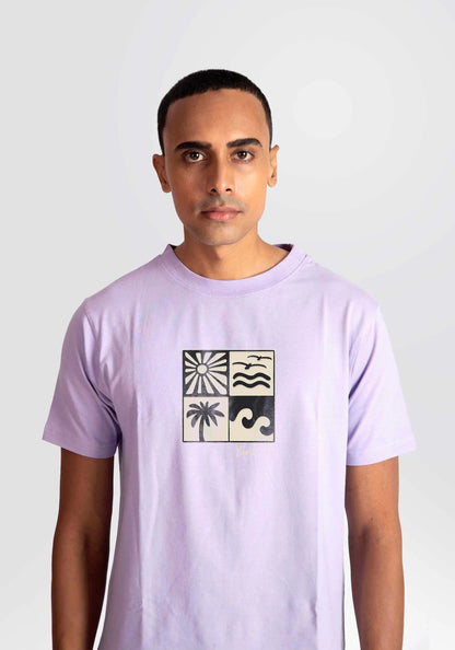 Stylera lavender t-shirt for men featuring a graphic design with sun palm tree and waves