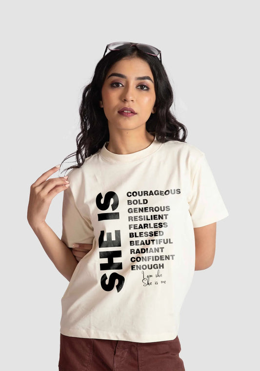 Stylera motivational quote off white t-shirt for women with empowering words design