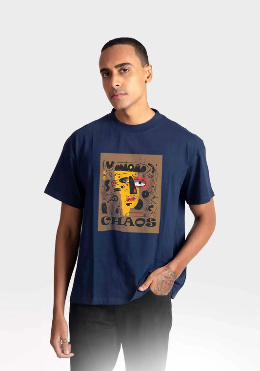 Stylera regular fit art print t-shirt in navy blue with abstract face design and chaos text