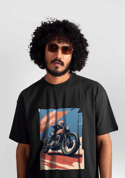 Stylera regular fit graphic motorcycle tee in black with vintage motorcycle print worn by male model