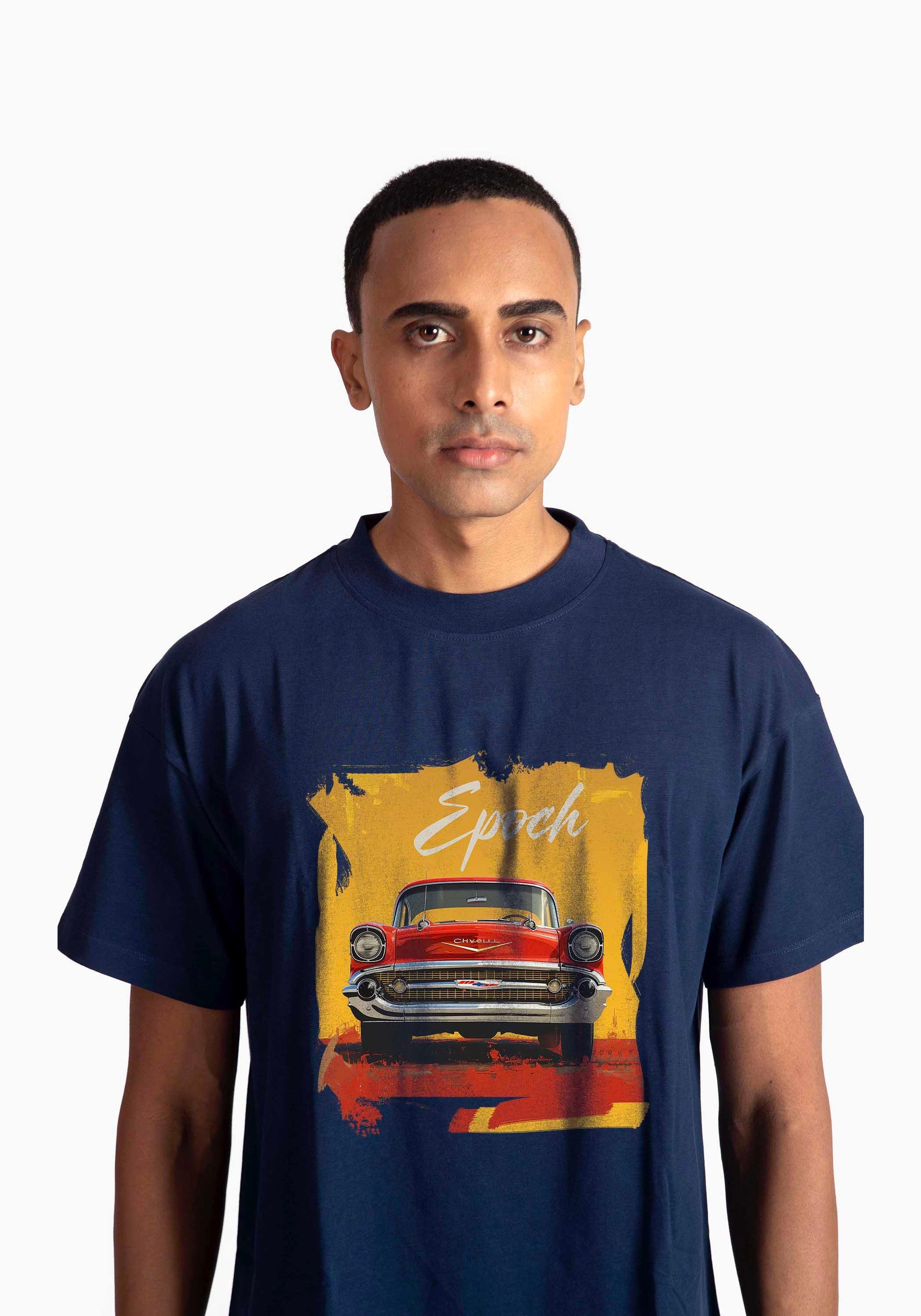 Stylera regular fit men's fashion tee in navy with vintage car graphic design