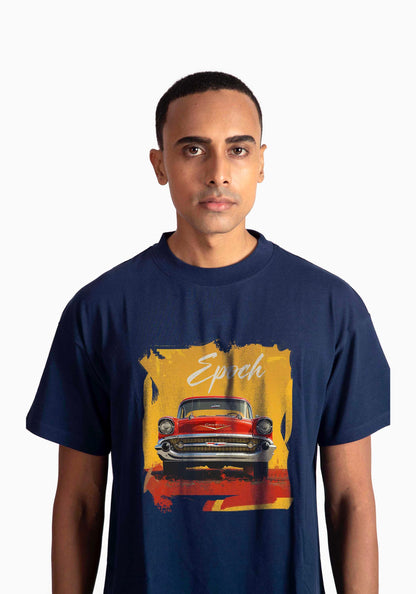 Stylera regular fit men's fashion tee in navy with vintage car graphic design