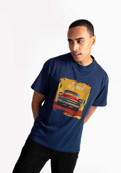 Stylera regular fit men's fashion tee in navy with vintage red car graphic print