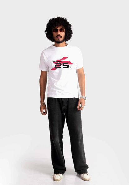 Stylera regular fit white tee with graphic print worn by male model with sunglasses and black pants