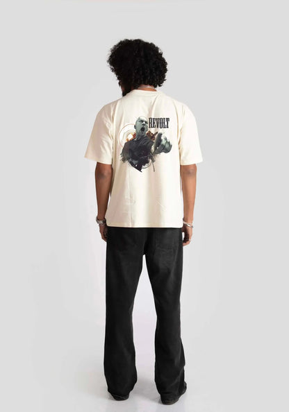 Back view of man wearing white oversized printed t-shirt with graphic design and black pants