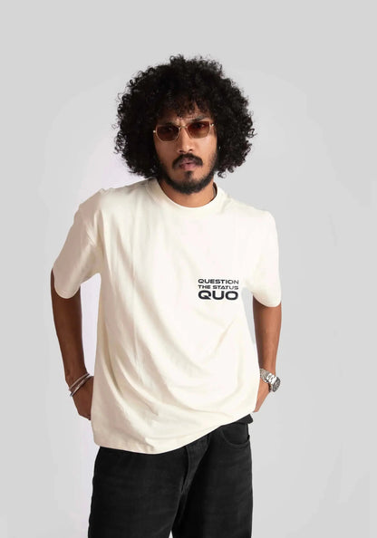 Man wearing a white oversized printed t-shirt with black text on the front by Stylera
