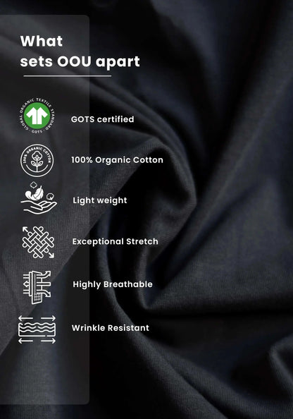 Close-up of black fabric showcasing features of women's relaxed fit black tee by Stylera