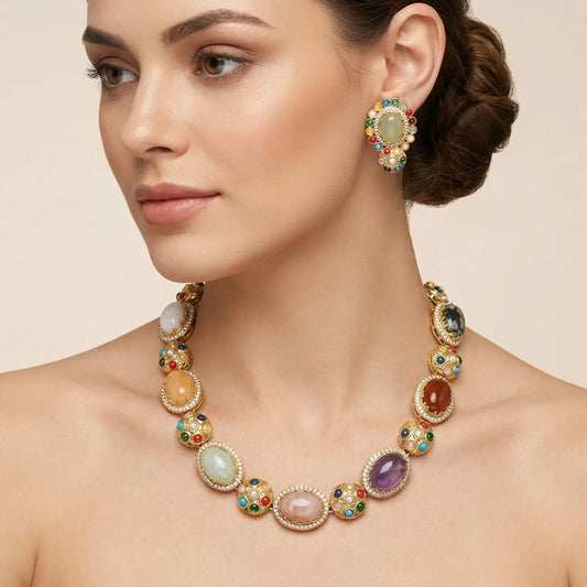 Multicolor Stone Gold Toned Necklace And Earrings Set For Women
