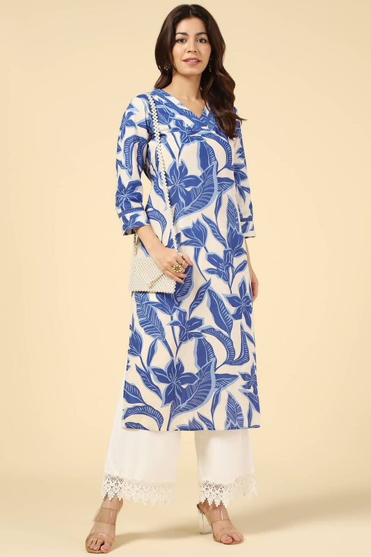 White & Blue Floral Printed Cotton Kurti