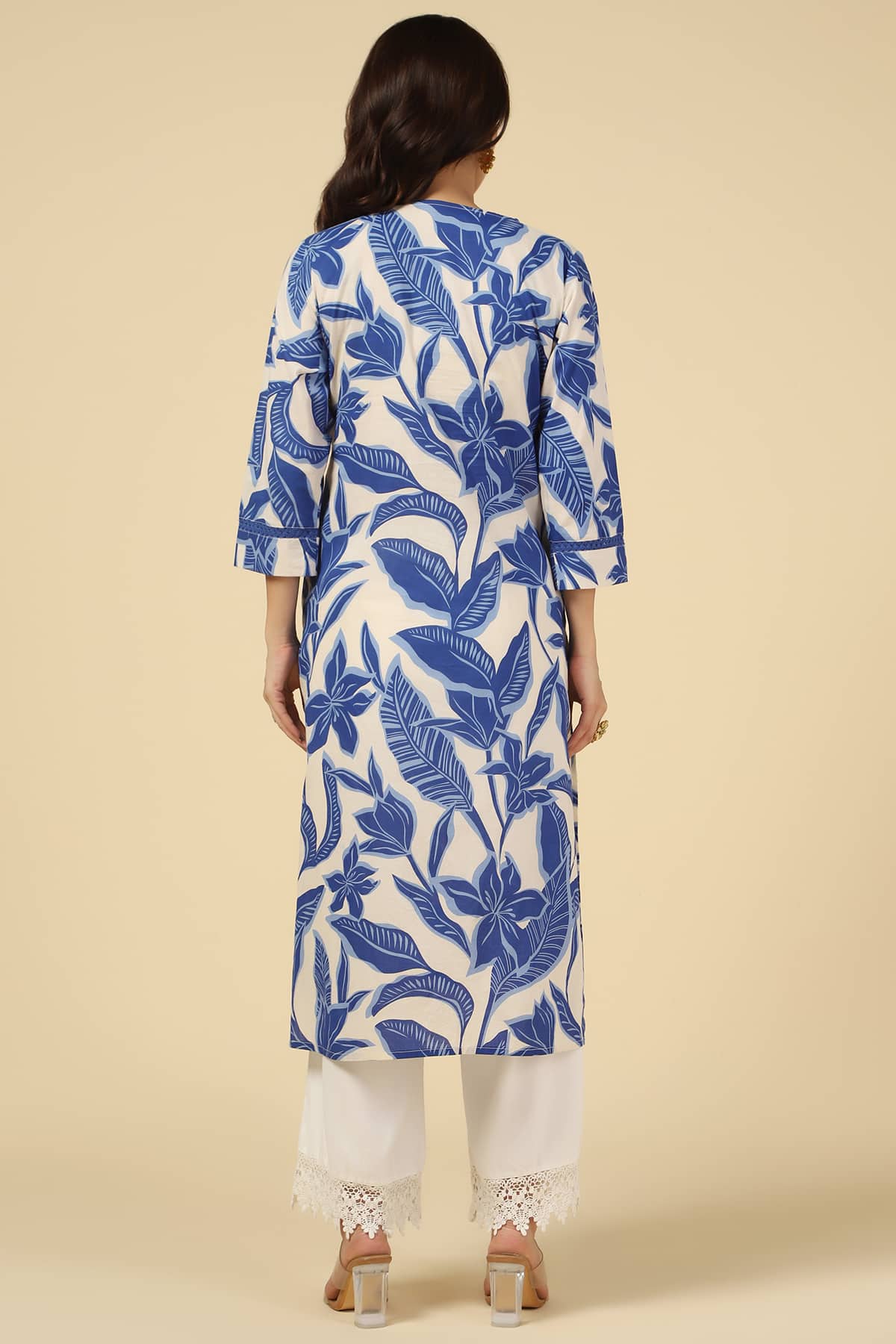 White & Blue Floral Printed Cotton Kurti