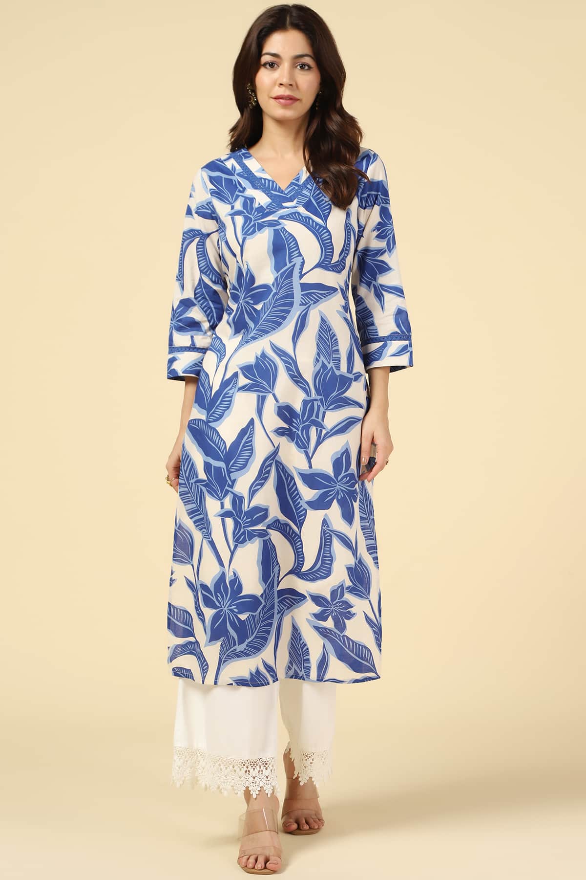 White & Blue Floral Printed Cotton Kurti