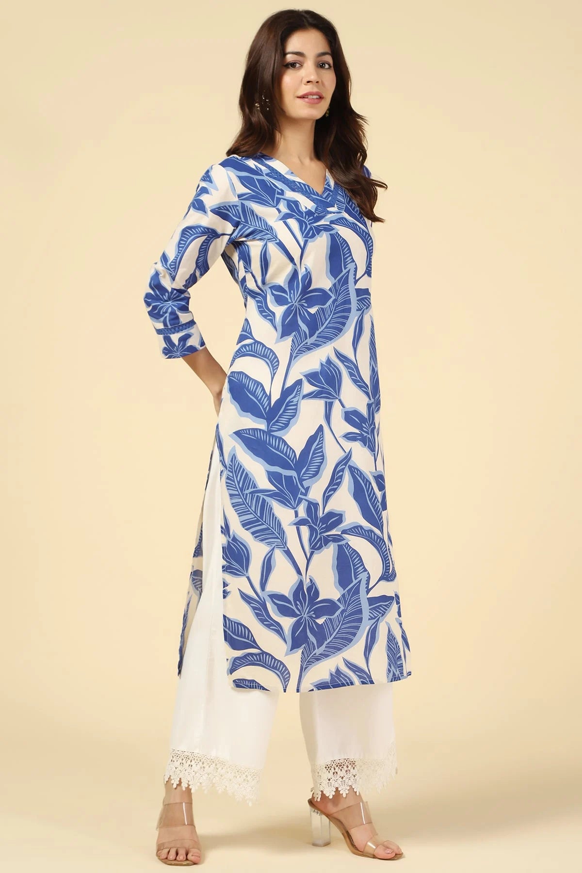 White & Blue Floral Printed Cotton Kurti