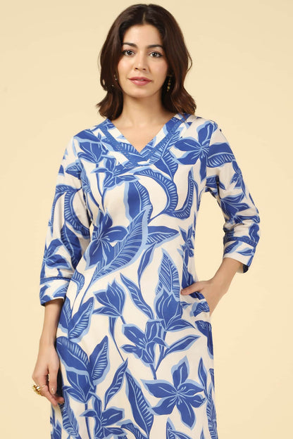 White & Blue Floral Printed Cotton Kurti