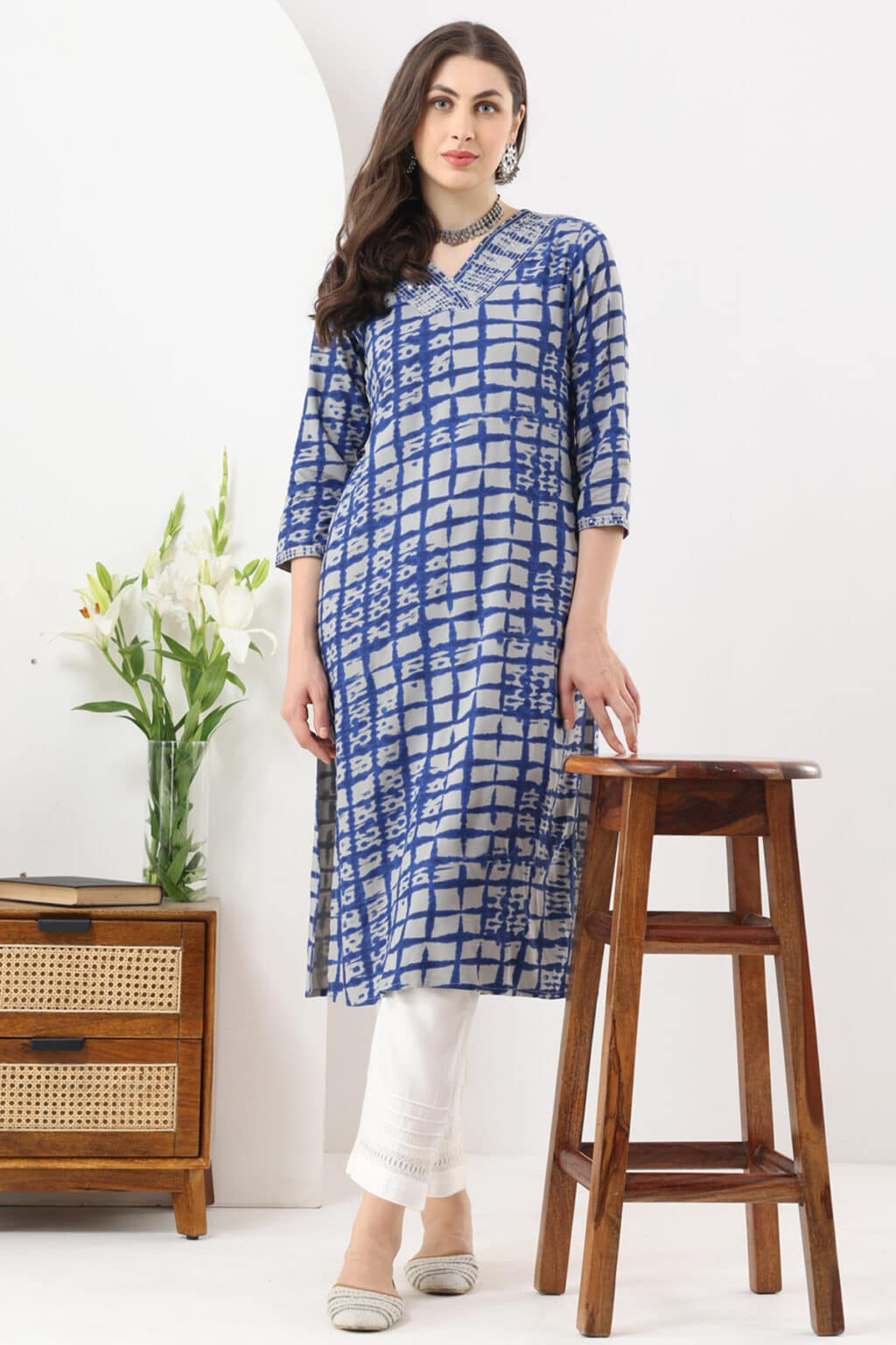 Blue Rayon Embroidered Kurti with V-Neck & 3/4th Sleeves