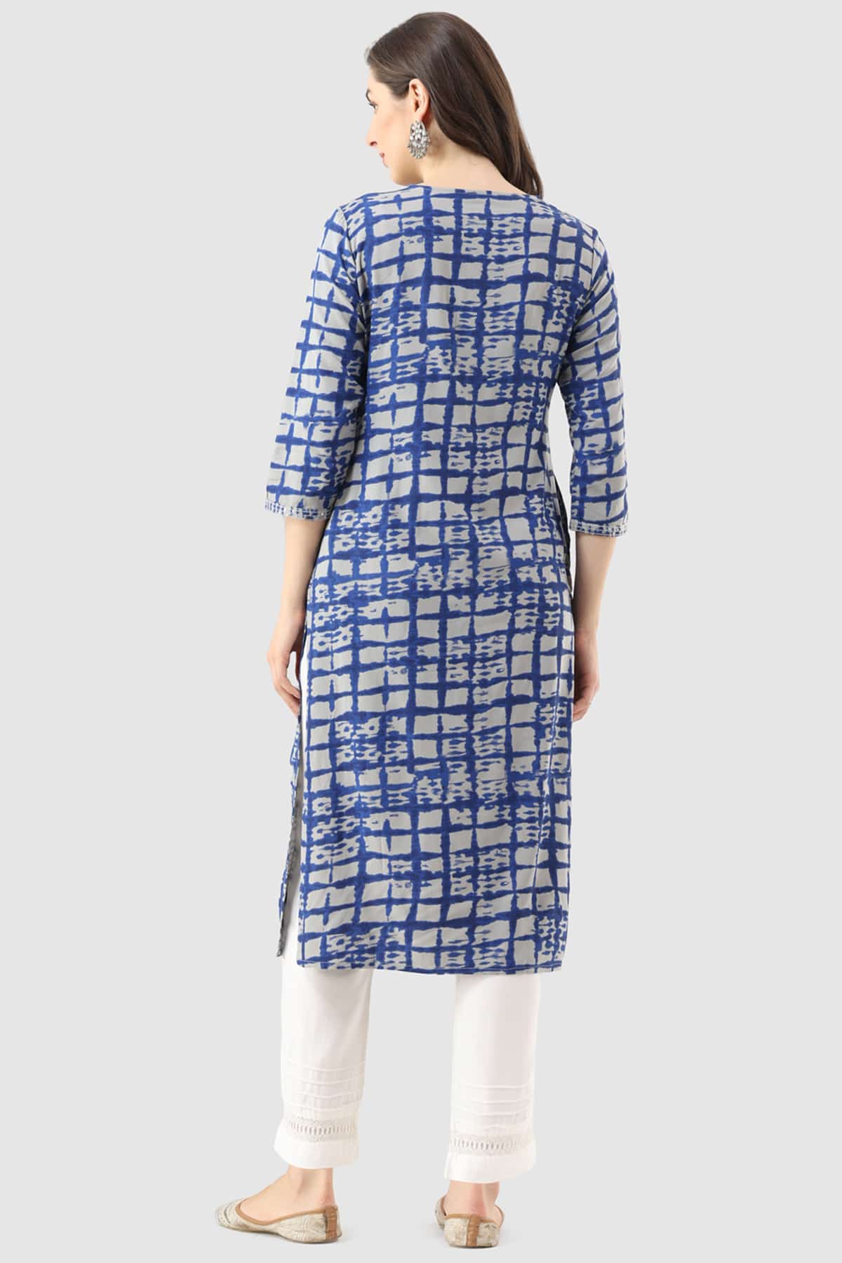 Blue Rayon Embroidered Kurti with V-Neck & 3/4th Sleeves