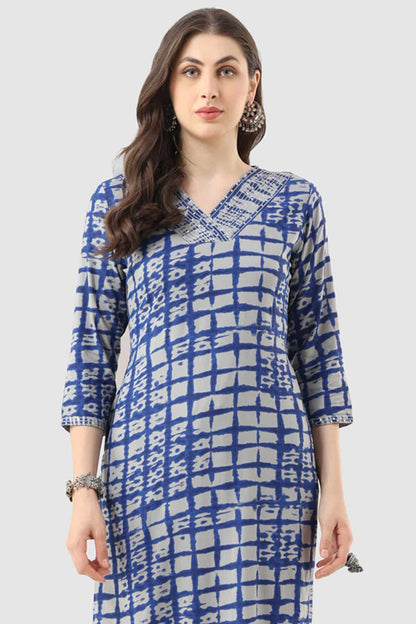 Blue Rayon Embroidered Kurti with V-Neck & 3/4th Sleeves