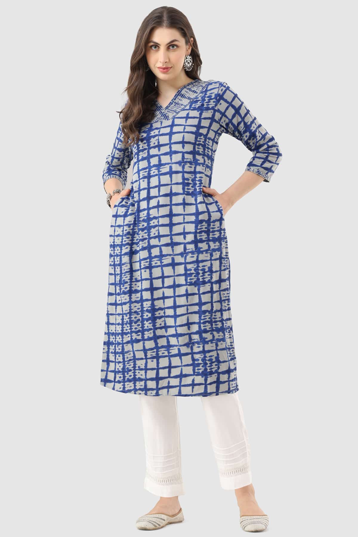 Blue Rayon Embroidered Kurti with V-Neck & 3/4th Sleeves