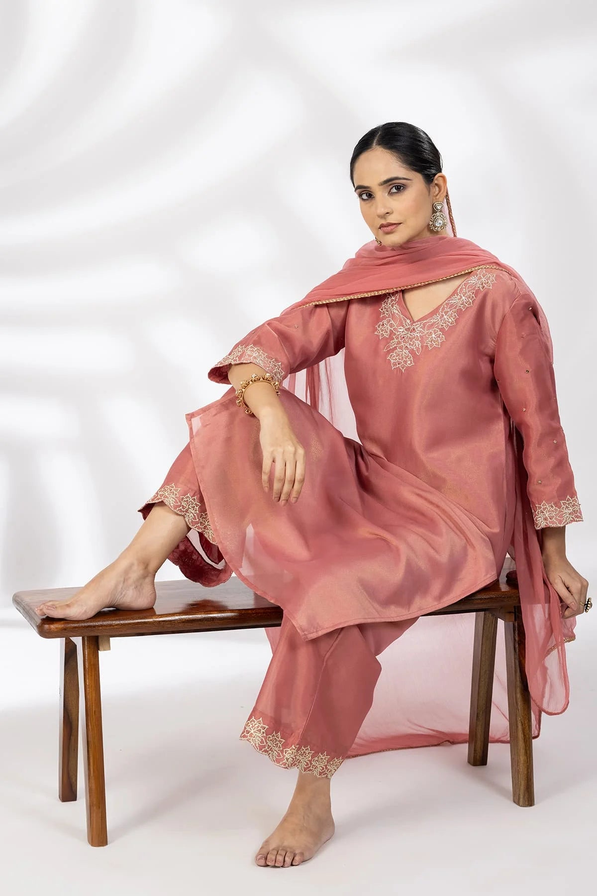 Crystal Rose Embroidered Ensemble Kurti in Nylon Tissue Shimmer