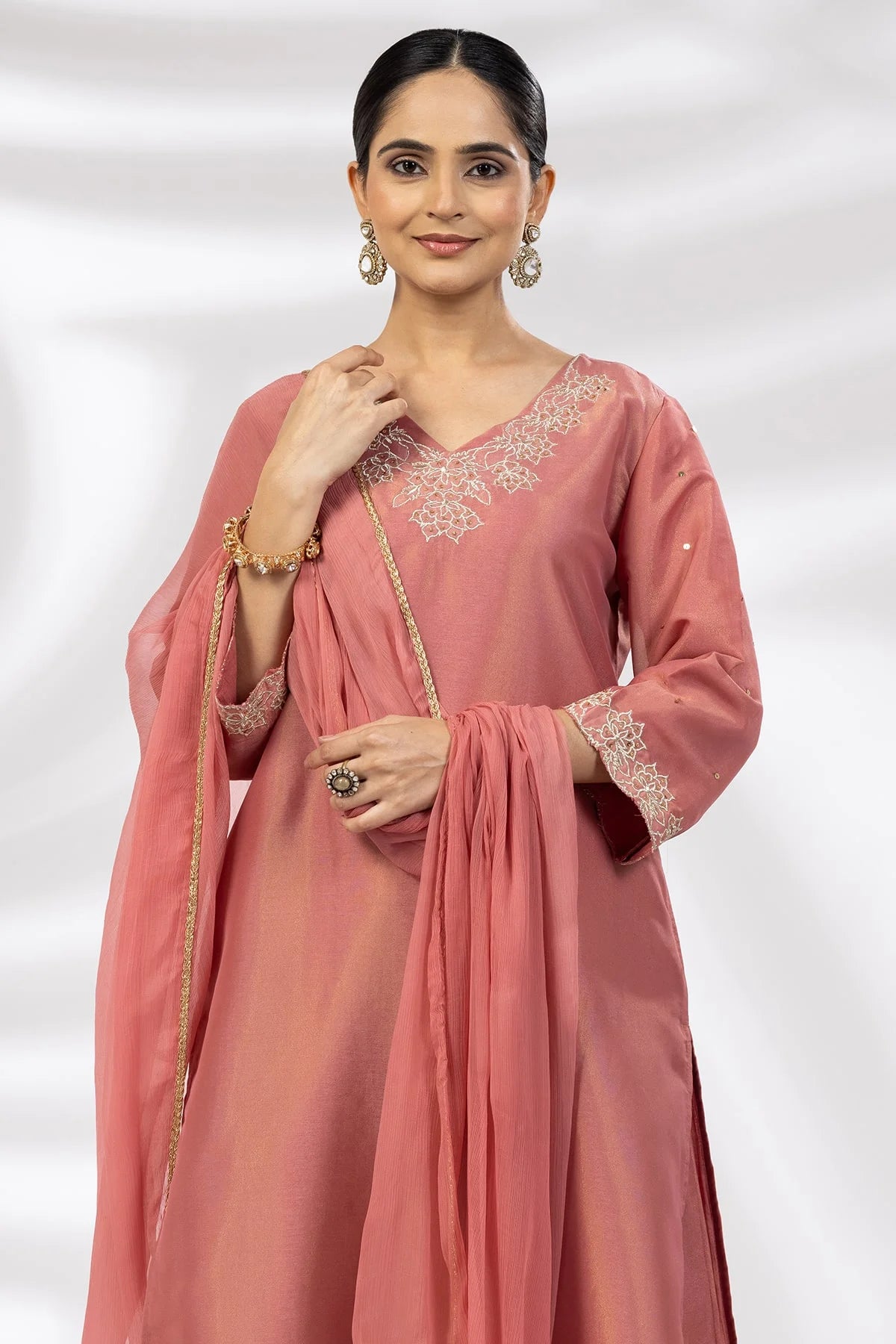 Crystal Rose Embroidered Ensemble Kurti in Nylon Tissue Shimmer