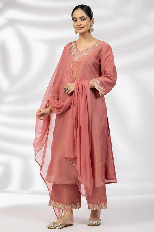 Crystal Rose Embroidered Ensemble Kurti in Nylon Tissue Shimmer