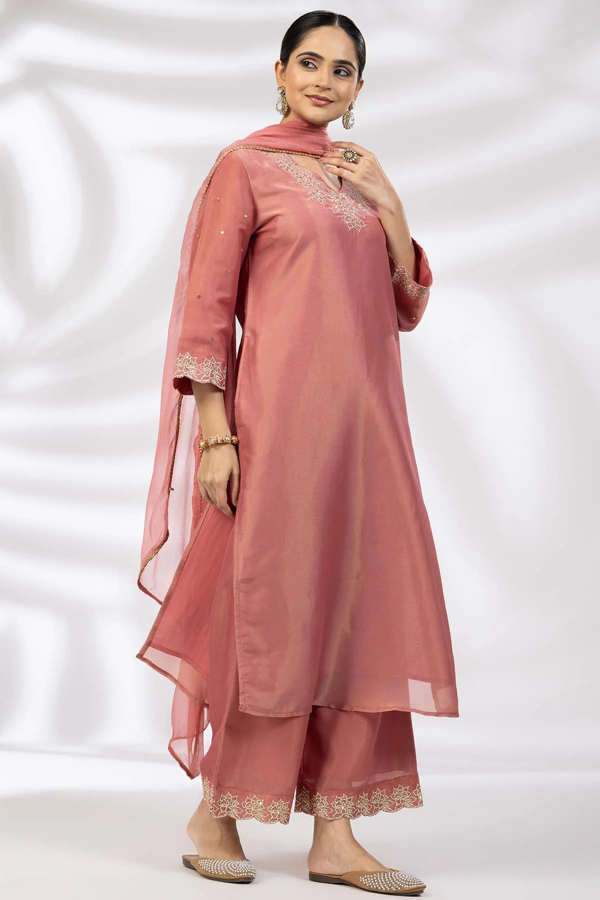 Crystal Rose Embroidered Ensemble Kurti in Nylon Tissue Shimmer