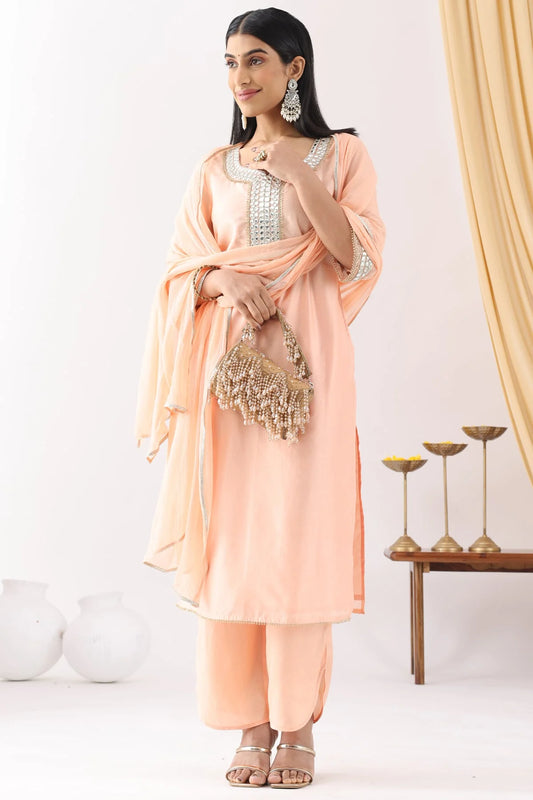 Peach Chanderi Embroidered Kurti with Square Neck