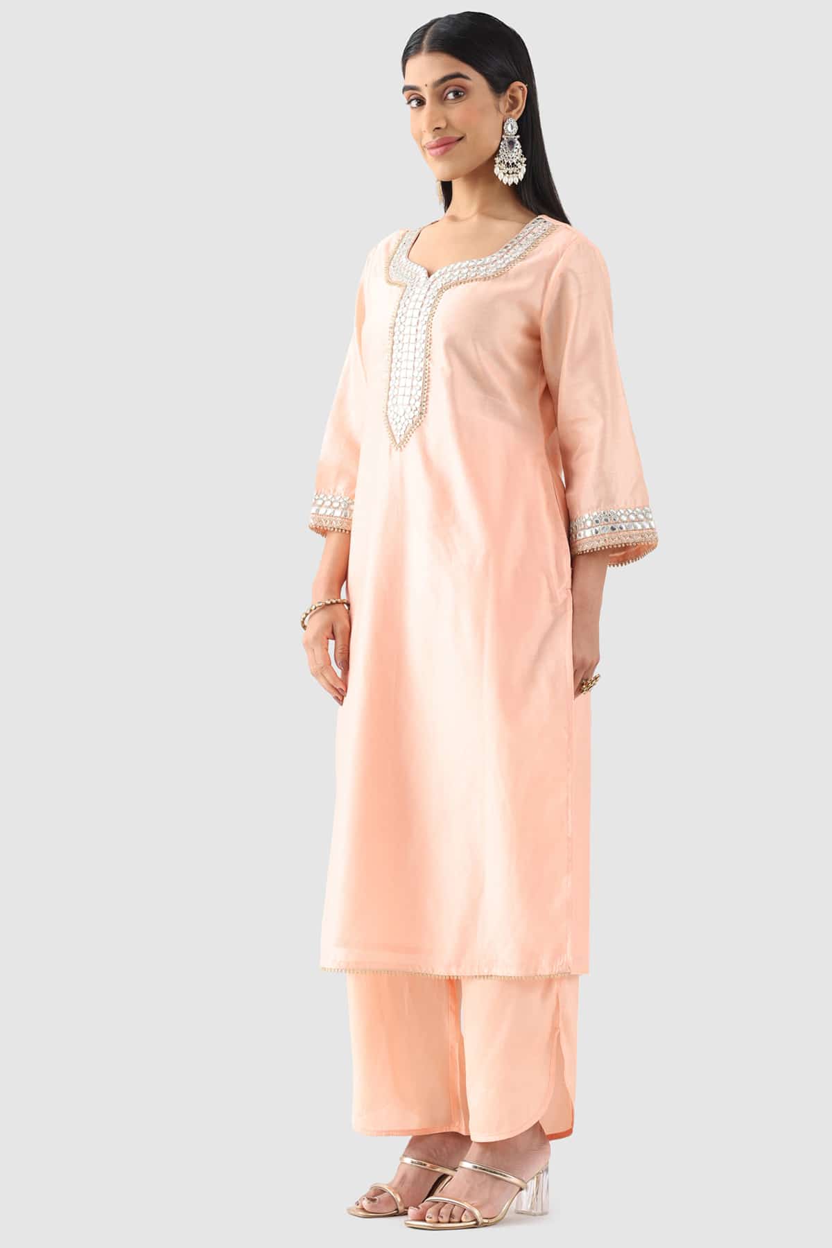 Peach Chanderi Embroidered Kurti with Square Neck