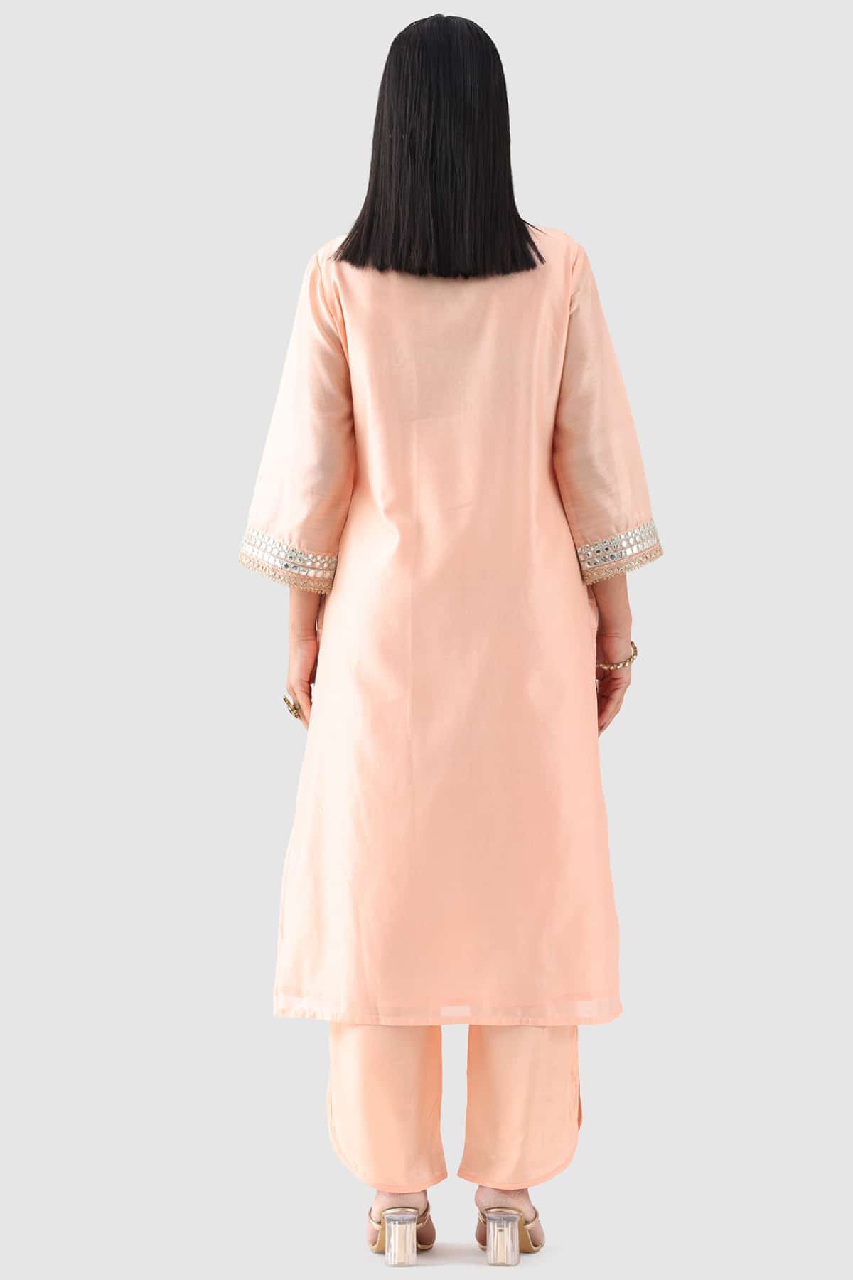 Peach Chanderi Embroidered Kurti with Square Neck
