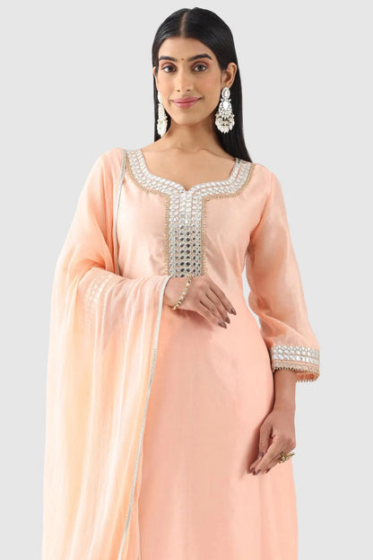 Peach Chanderi Embroidered Kurti with Square Neck
