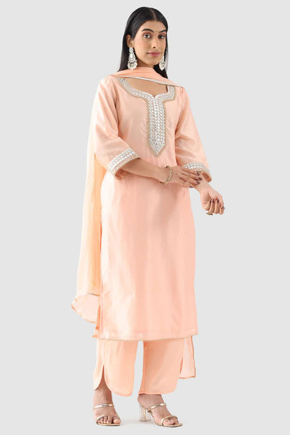 Peach Chanderi Embroidered Kurti with Square Neck