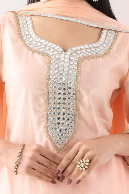 Peach Chanderi Embroidered Kurti with Square Neck