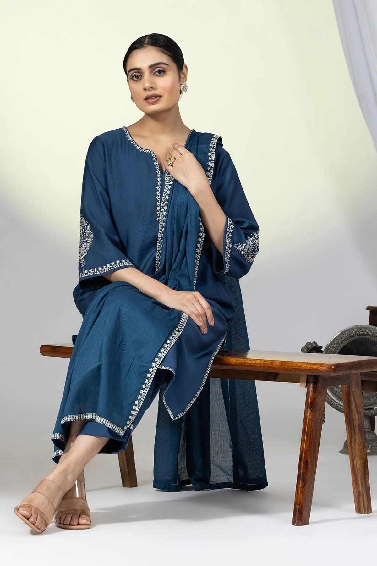 Embellished Teal Viscose Satin Ensemble Kurti