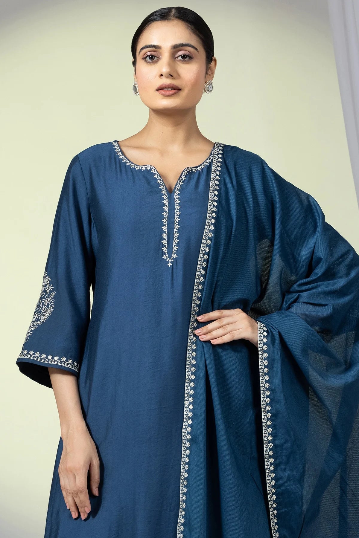 Embellished Teal Viscose Satin Ensemble Kurti